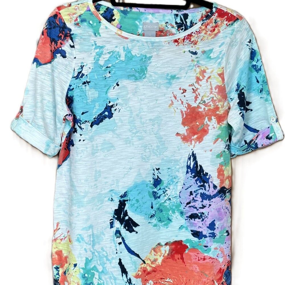 Chico's Size S Multi-Color Abstract Art Paint Splatter Roll-Tab Sleeve